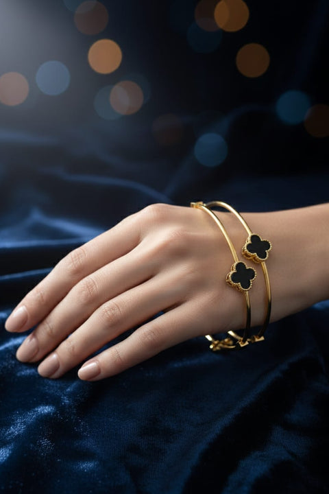 Luxury Gold Plated Clover Bracelet – Elegant Black Stone Bangle💖✨