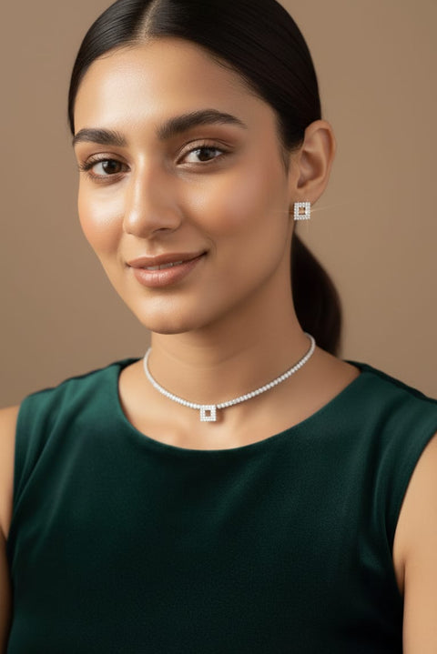 Necklace +Square Stud Earrings