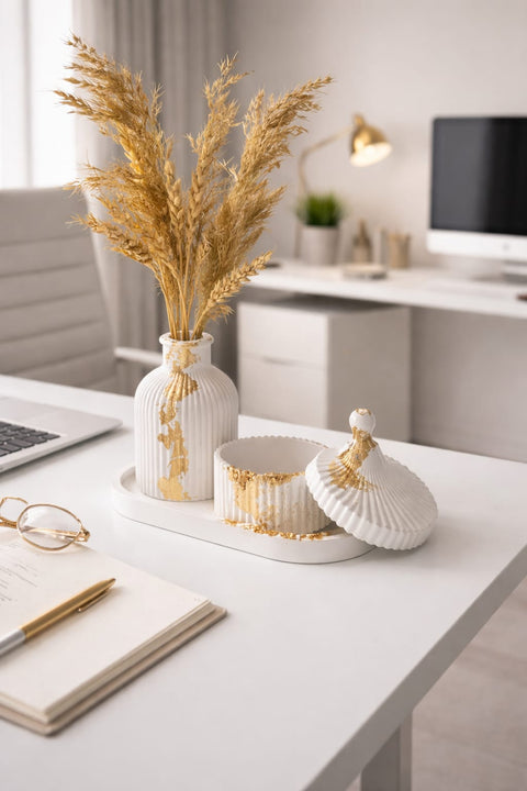 Luxury White & Gold Ceramic Decor Set | Modern Home Decoration