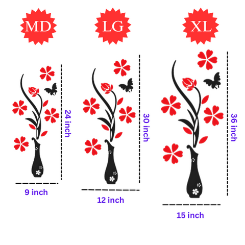 Modern Floral Vase Wall Art with Red Flowers & Butterfly – Modern Wall Art Decor – Black Wooden Sheet – Wall Hanging Decoration
